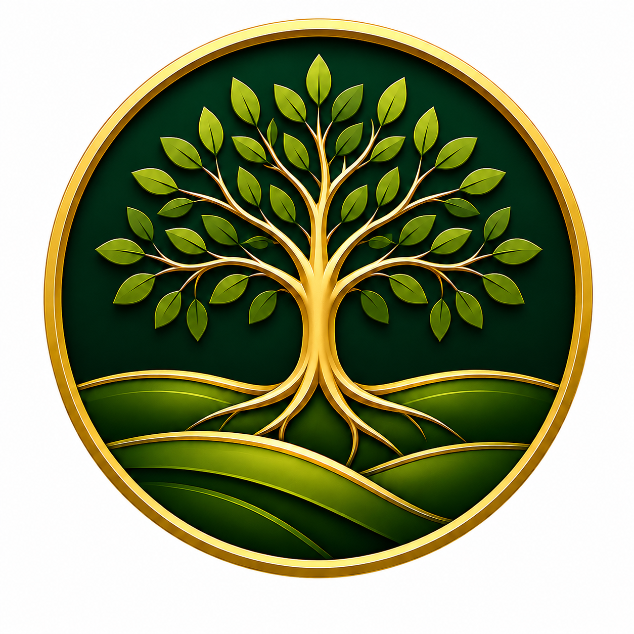 Gold and green circular emblem featuring a stylized tree with green leaves and branches, set against a dark green background with rolling hills.