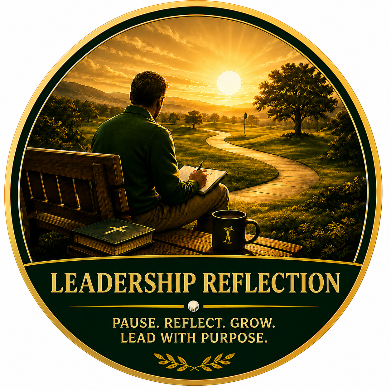 A man sits on a park bench at sunset, reflecting with a notebook and pen, surrounded by nature with a winding path, trees, and mountains in the background. There is a book and a mug on the bench, and the phrase 'Leadership Reflection' with the words 'Pause. Reflect. Grow. Lead with Purpose.' beneath.