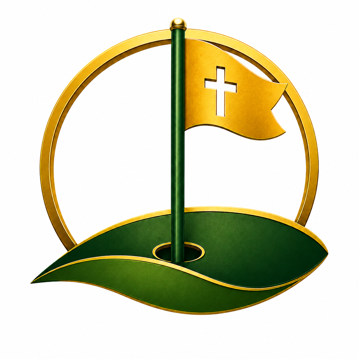 A decorative emblem with a gold circular frame, green and gold leaf base, a green pole with a gold tip, and a gold flag with a white cross, representing Christianity.