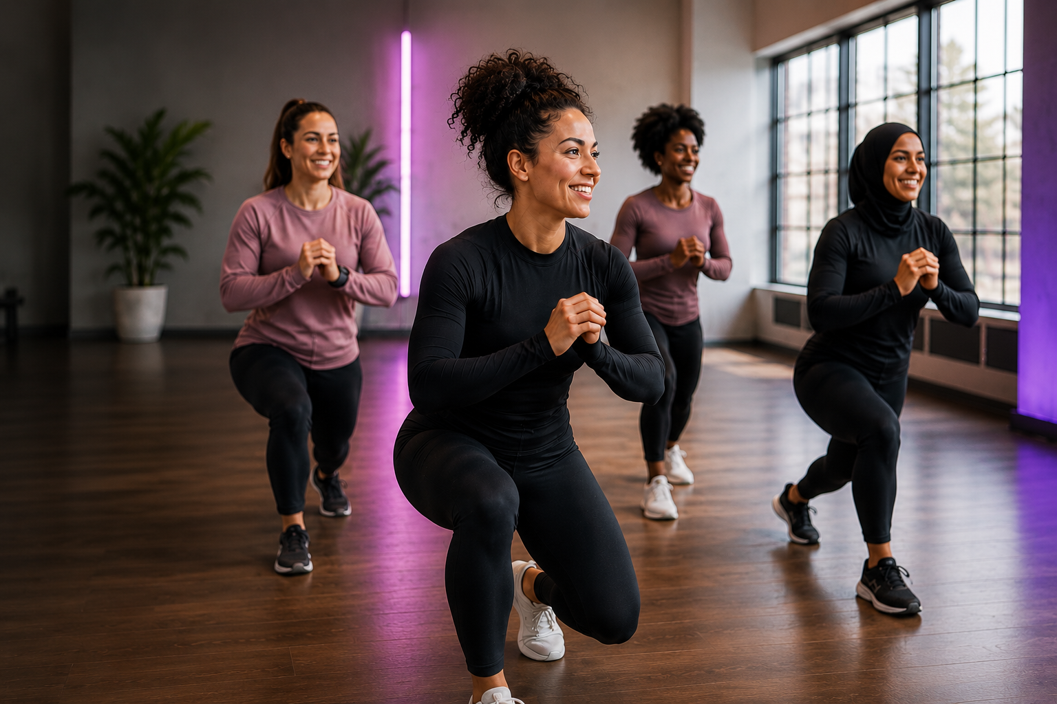Four women in workout clothes doing squats together in a fitness studio with large windows and colorful lighting.