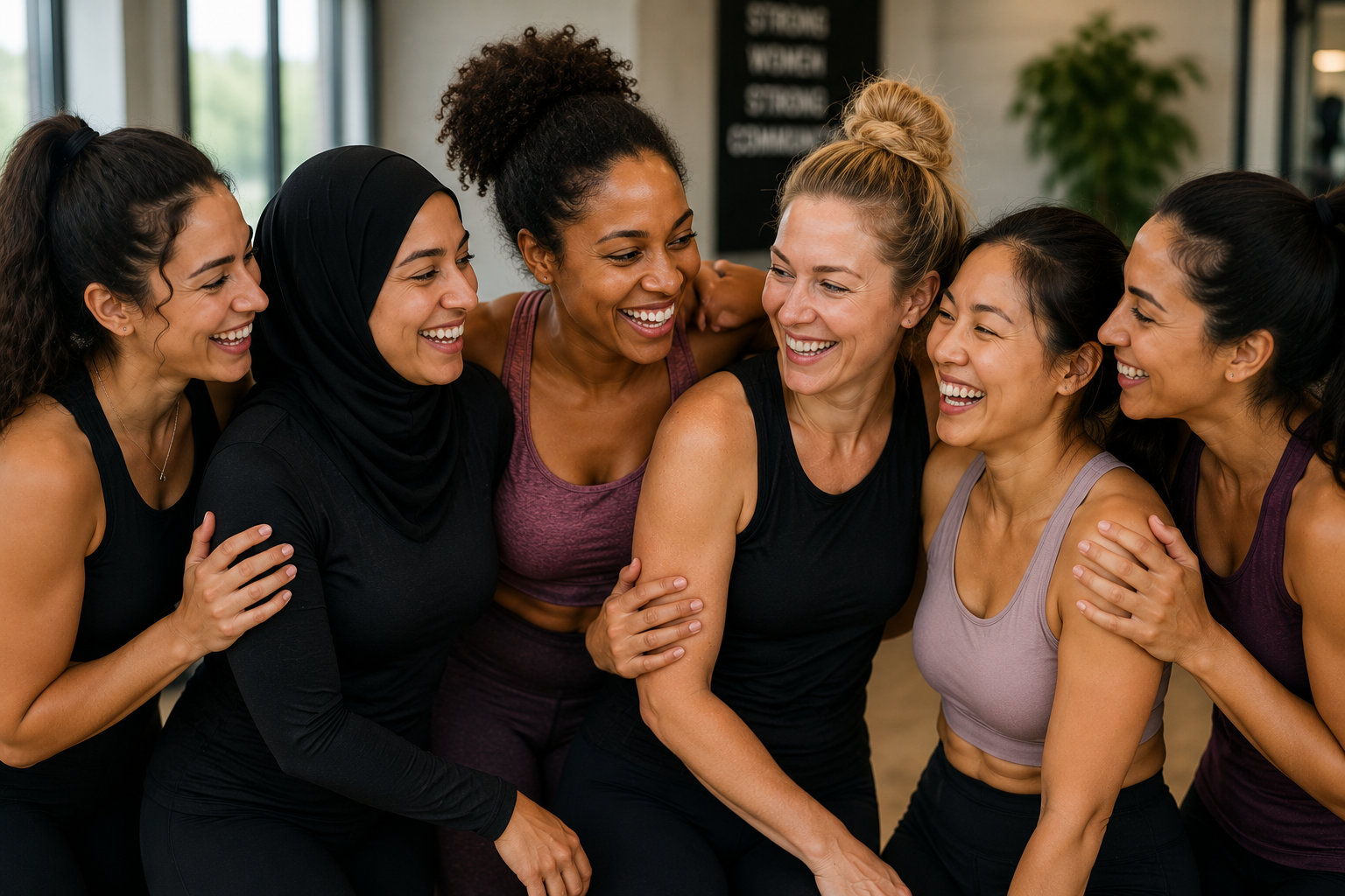 Group of six women smiling and hugging, standing in a gym or fitness studio.