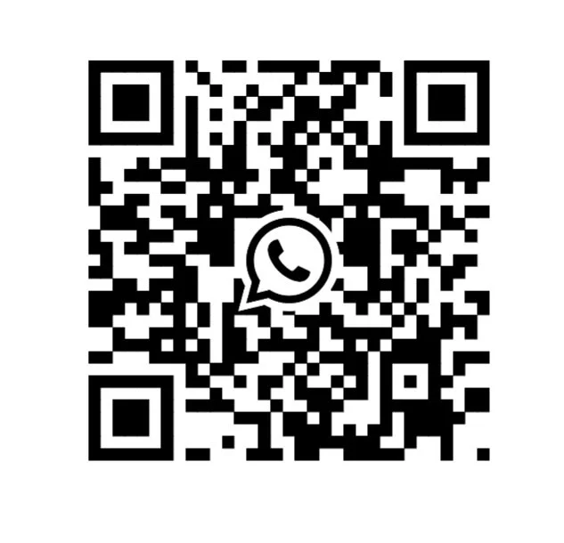 A QR code with the WhatsApp logo in the center.