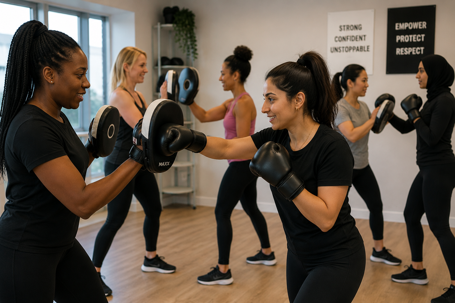 Women participating in a boxing class, practicing punches with trainers in a gym.
