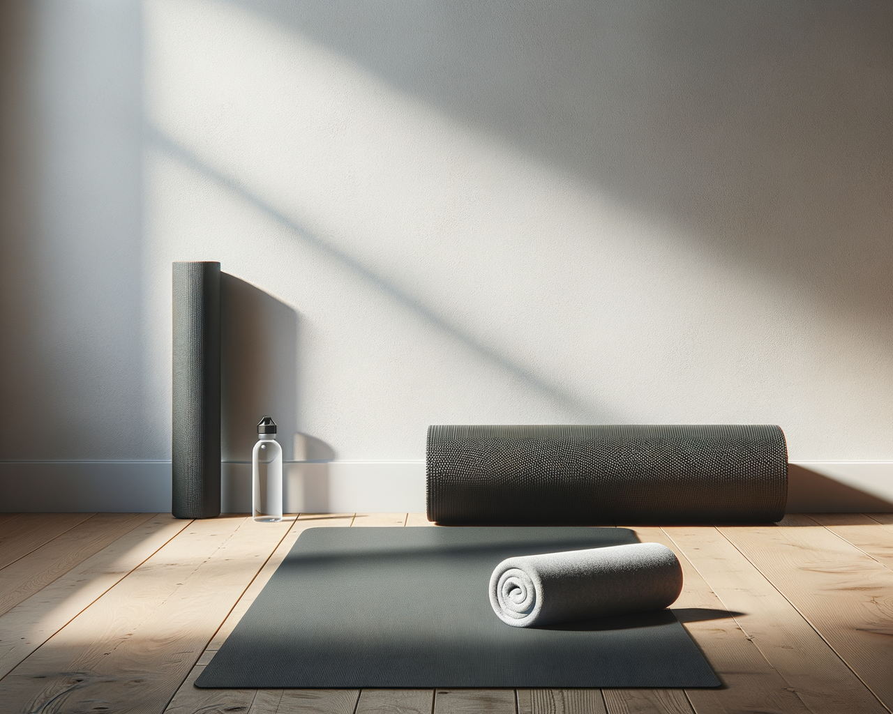 Yoga mat, rolled-up towel, foam roller, water bottle, and yoga blocks against a wall in a well-lit room.