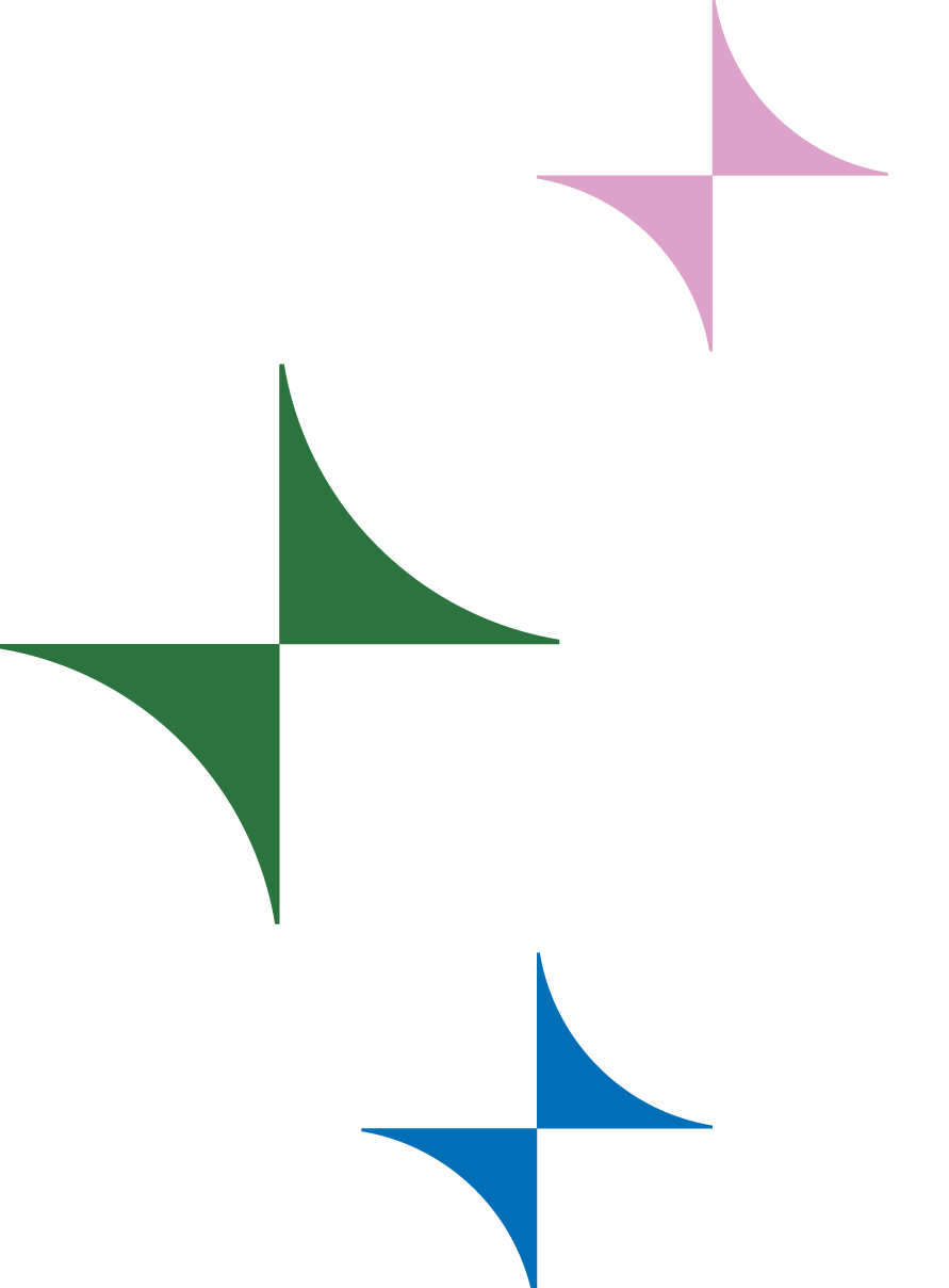 Four quarter circles arranged in a diamond pattern with different colors: pink, green, dark blue, and purple, creating a star shape on a black background.