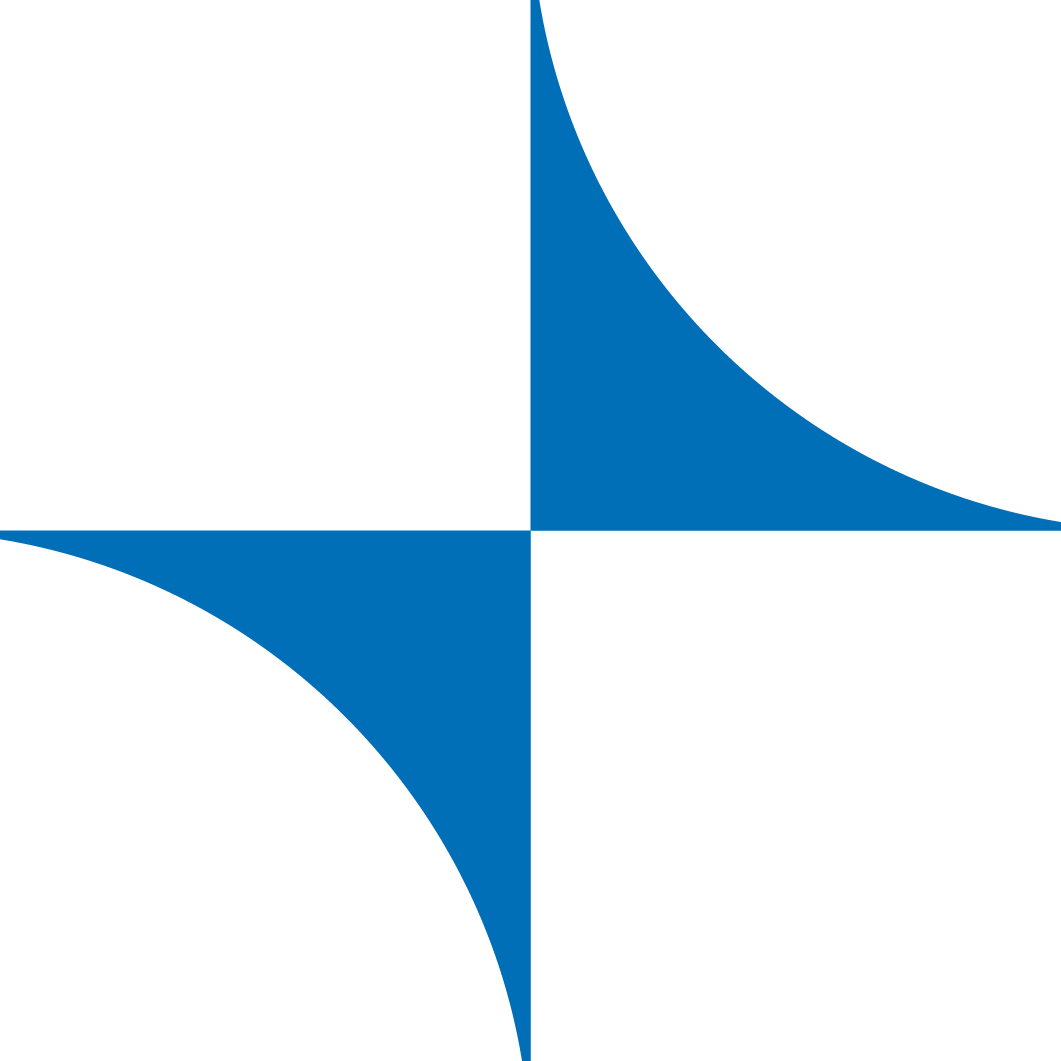 A stylized compass with four cardinal points, black and blue quadrants, and curved shapes in each section.