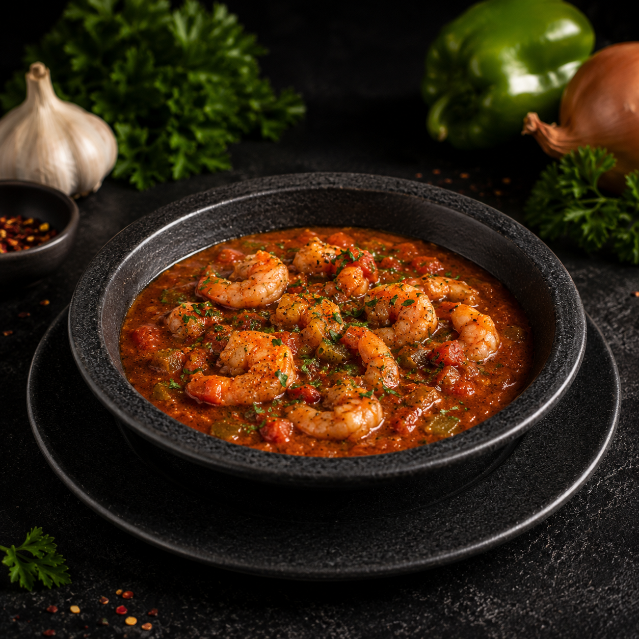 Shrimp creole in tomato sauce garnished with chopped herbs, served in a black bowl with herbs and vegetables in the background.