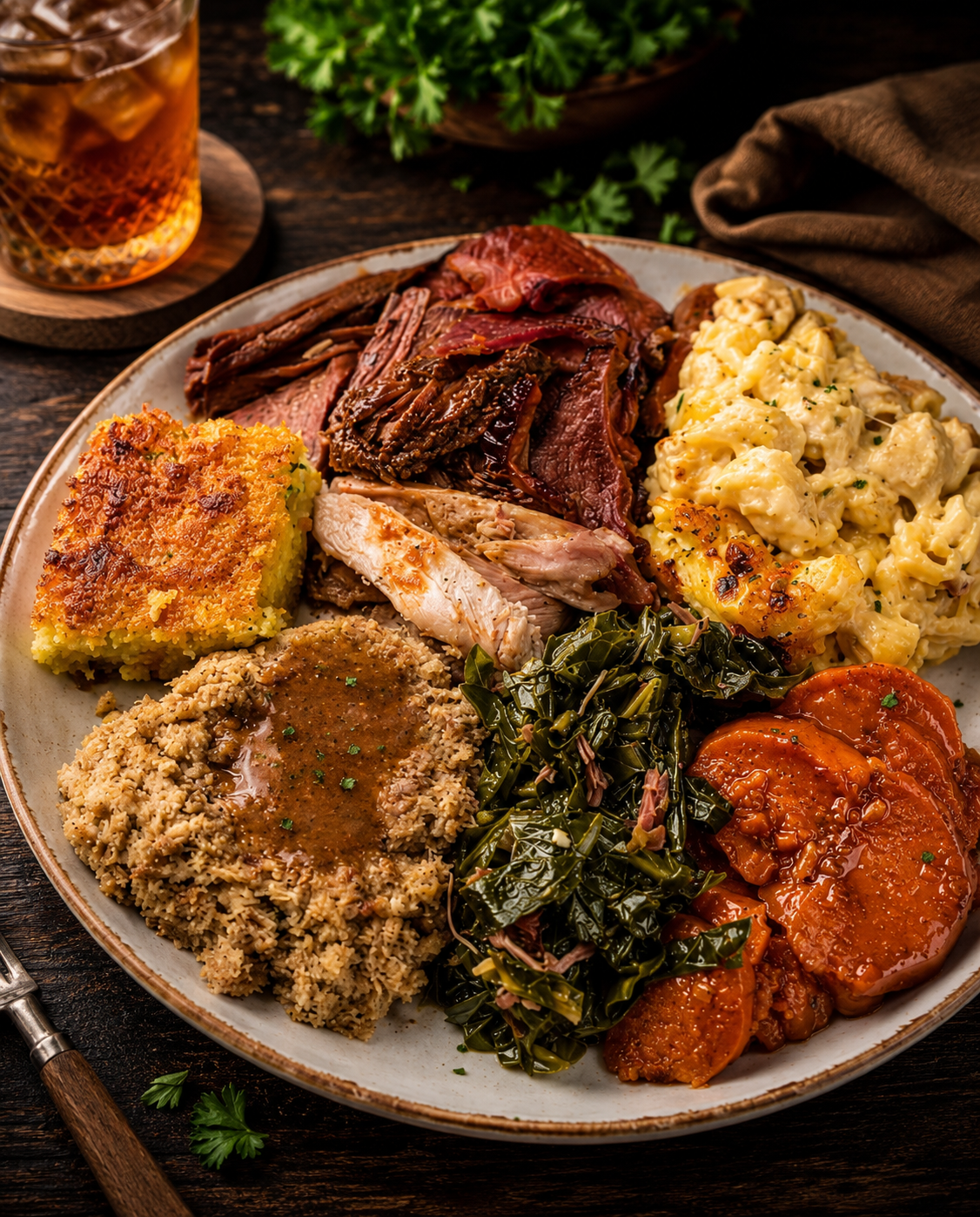 Plate with assorted meats, mashed potatoes, collard greens, sweet potatoes, stuffing, and macaroni and cheese