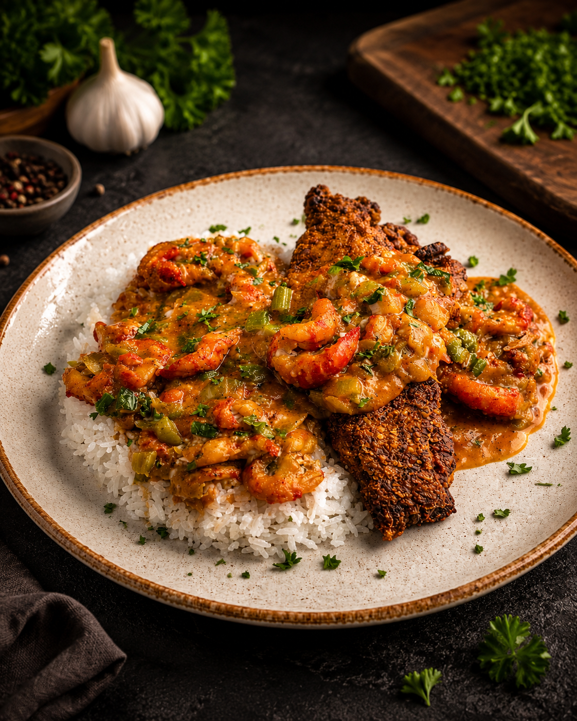 Plate of fried fish topped with shrimp and vegetable sauce served with white rice, garnished with parsley, with garlic, black peppercorns, and fresh herbs in the background.