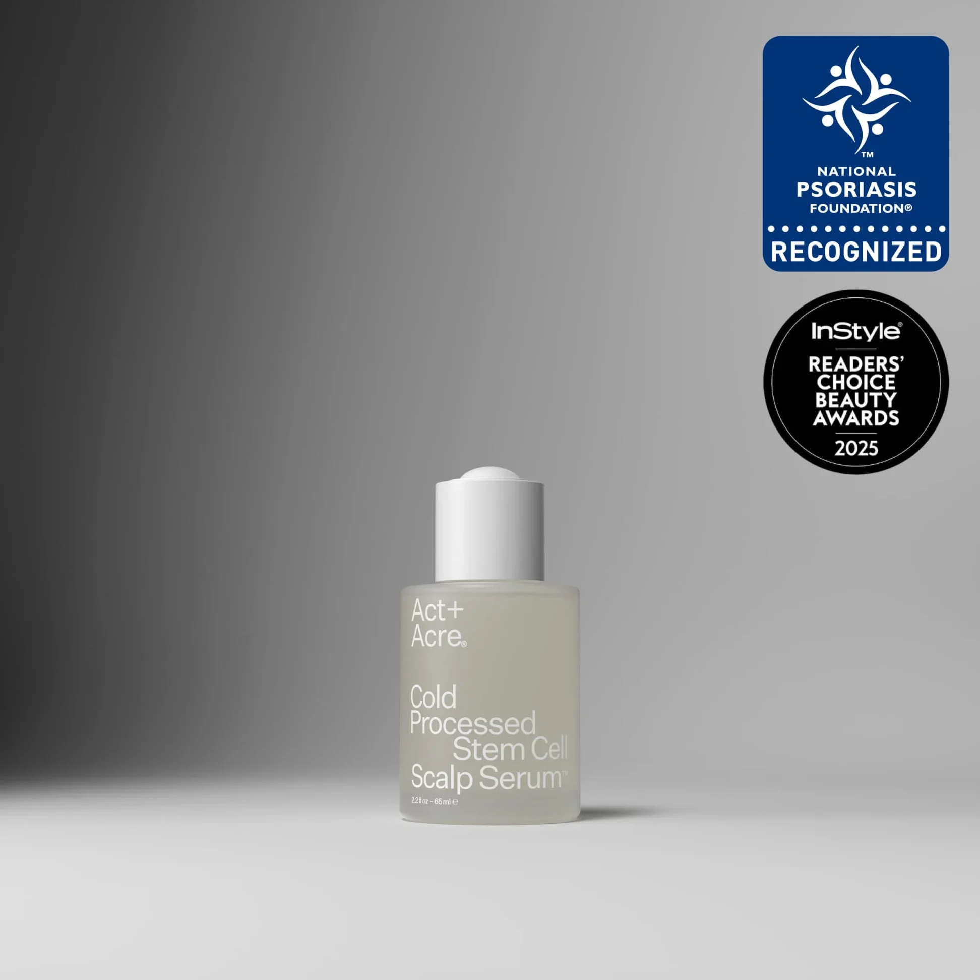 A bottle of skincare serum labeled 'Act+ Acre Cold Processed Stem Cell Scar Serum' with awards from the National Psoriasis Foundation and InStyle Readers' Choice Beauty Awards 2025.
