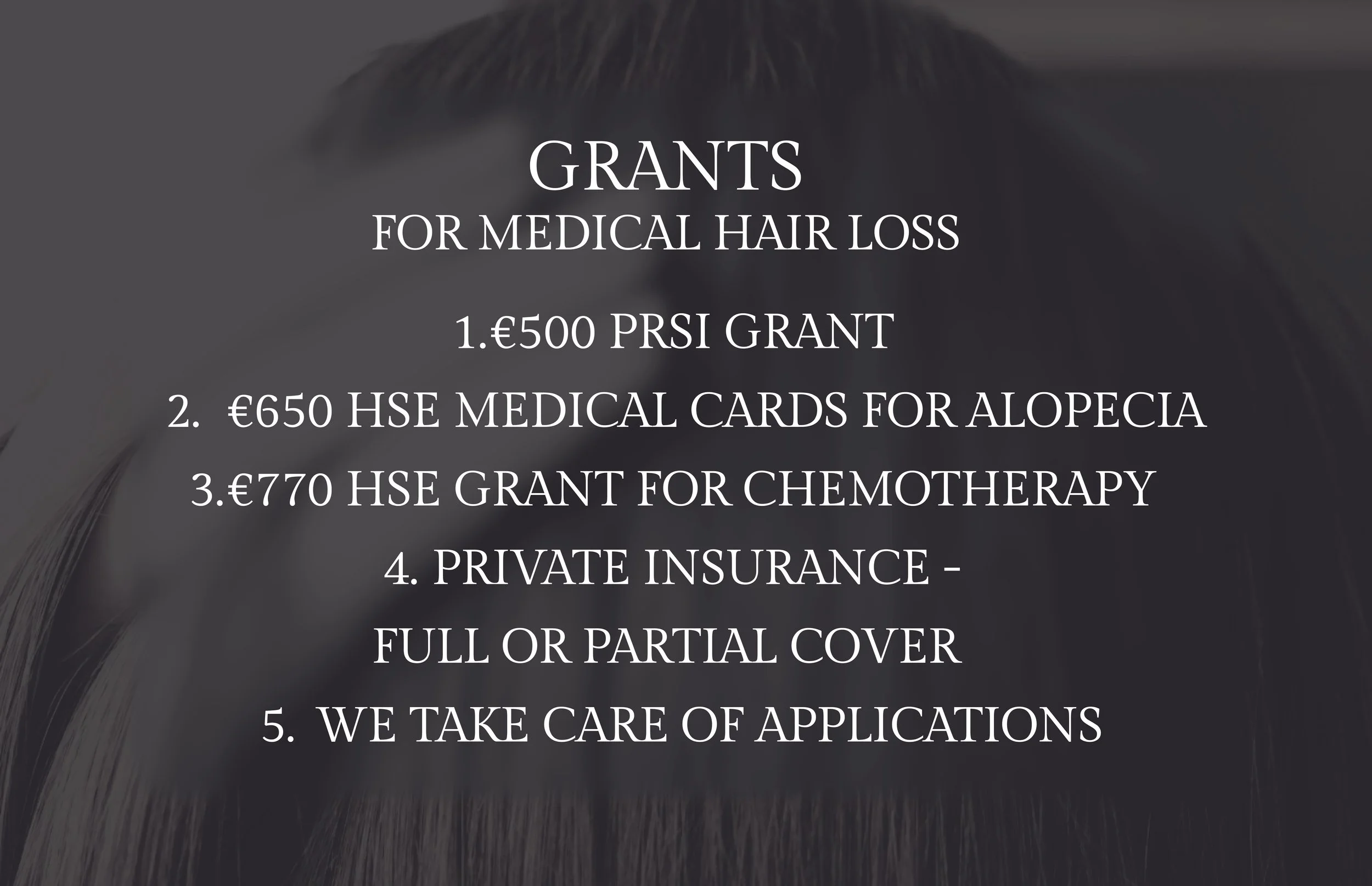 Text listing grants for medical hair loss, including amounts and descriptions, on a dark background