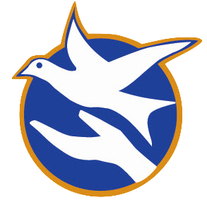 Logo of a bird in flight inside a blue circle with orange outline.
