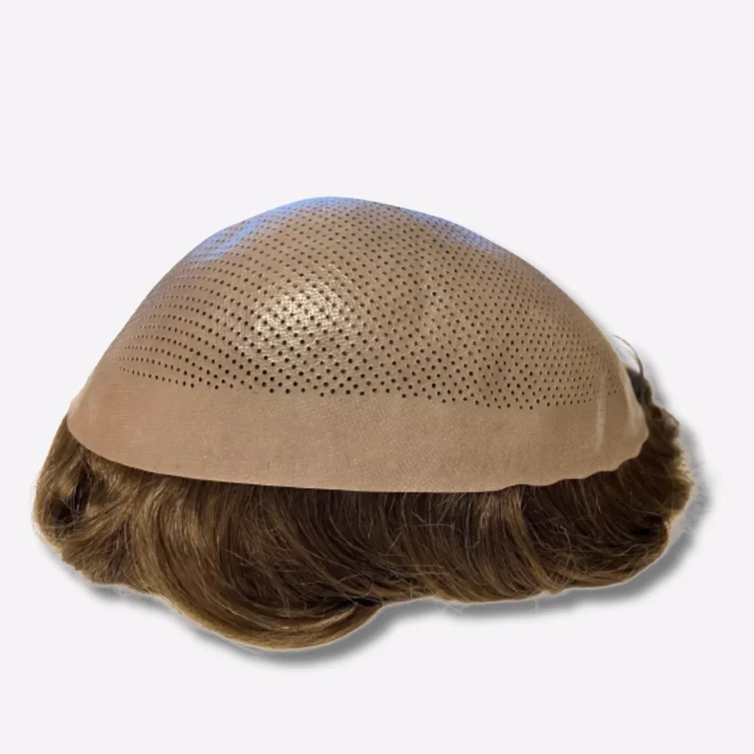 A wig with a light brown hairstyle, wearing a tan-colored lace front cap with small perforations.