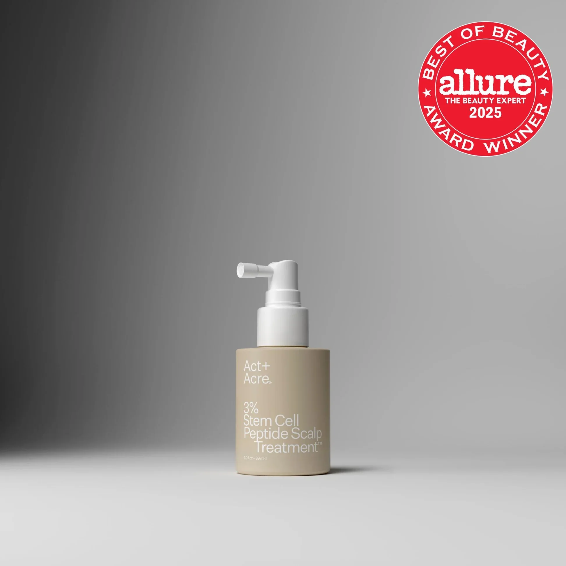 A skincare product bottle labeled 'Act+ Acre 3% Stem Cell Peptide Scalp Treatment' in front of a neutral gray background, accompanied by a red circular badge indicating an award winner from Allure magazine in 2025.