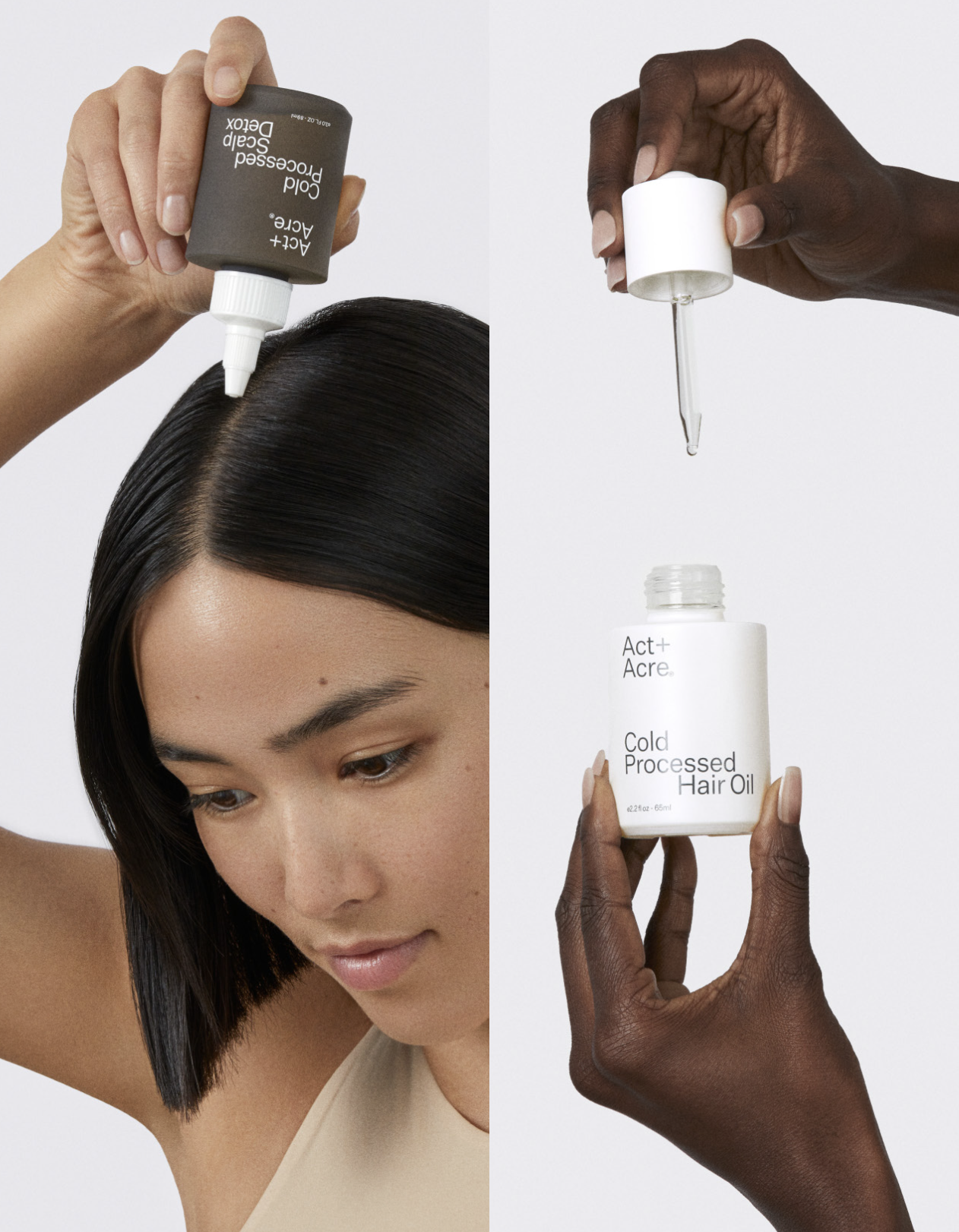 A woman with dark hair demonstrates hair care products, with one hand holding a bottle labeled 'Cold Processed Hair Oil' and another hand applying a scalp treatment from a gray bottle labeled 'Cold Processed Detox' onto her scalp