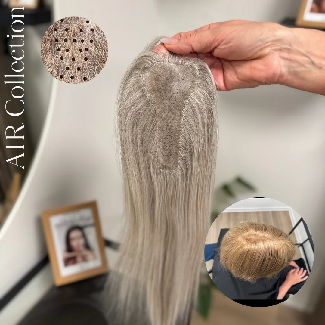 Close-up of a hair sample with plotted dots indicating hair follicles, next to a strand of blonde hair and a top-down view of a person's head with blonde hair, suggesting a hair collection or analysis process.