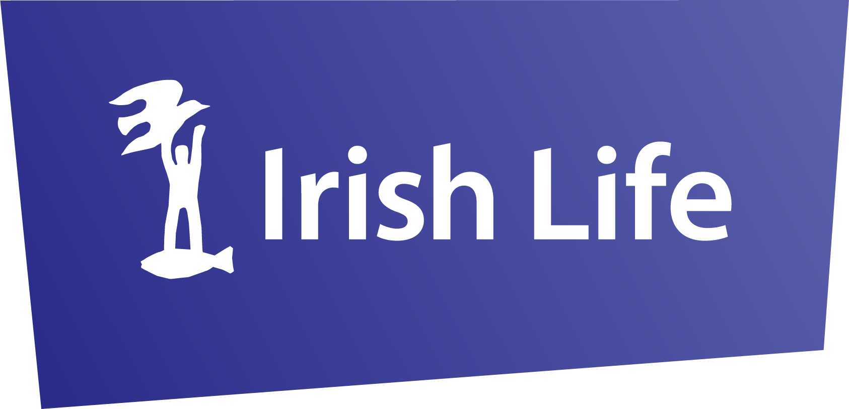 Logo with a white silhouette of a leprechaun standing on a fish, next to the text 'Irish Life' on a purple background.