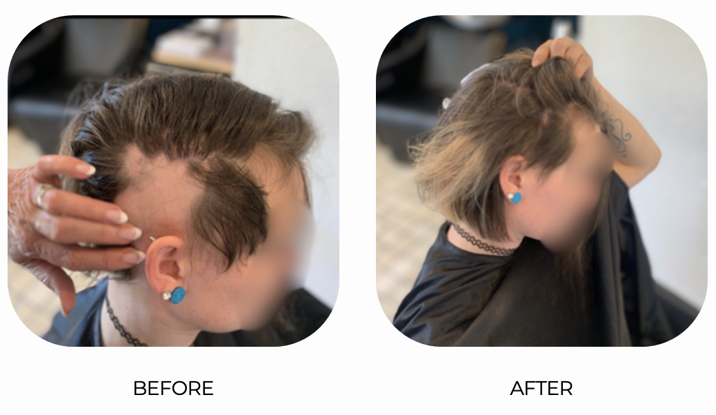 Side-by-side images showing a woman getting a haircut. The 'Before' image shows her hair shorter and uneven, while the 'After' image shows her hair styled with more volume and a finished look.