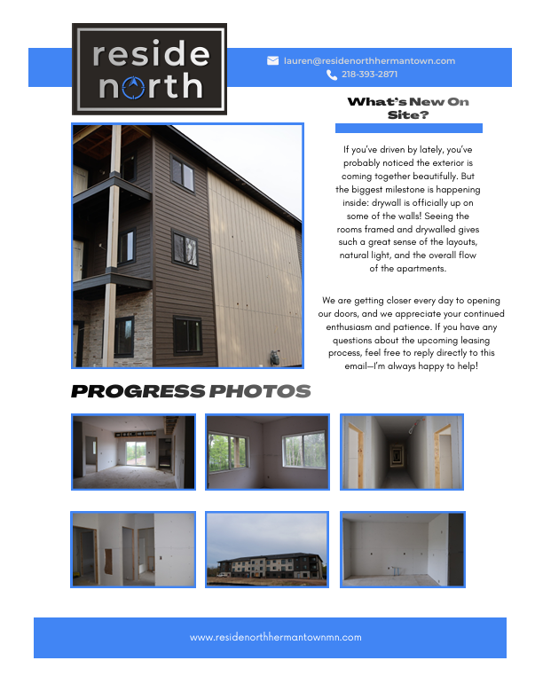 A real estate advertisement for Residencenorth featuring photos of the exterior and interior of an apartment building under construction, with progress photos of rooms and building exterior.