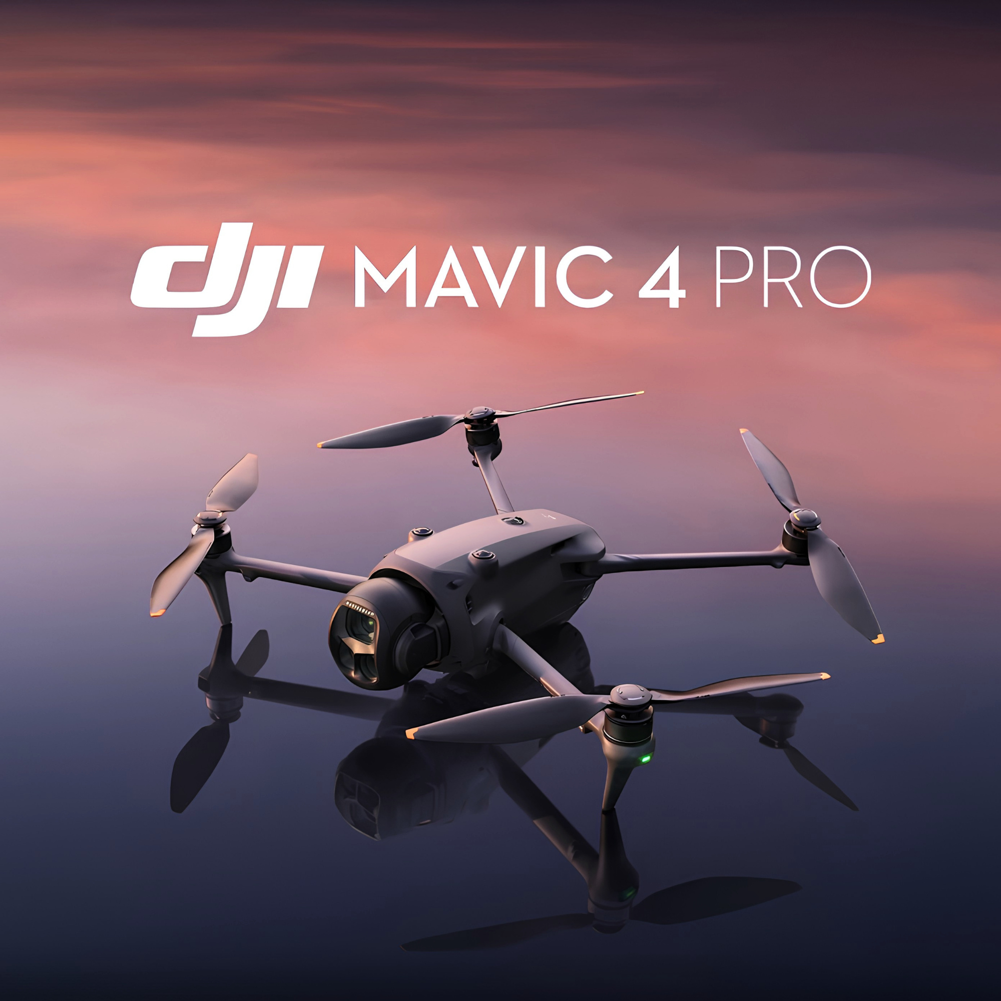 Dji Mavic 4 Pro drone flying in the sky during sunset with clouds and a reflected image on water.