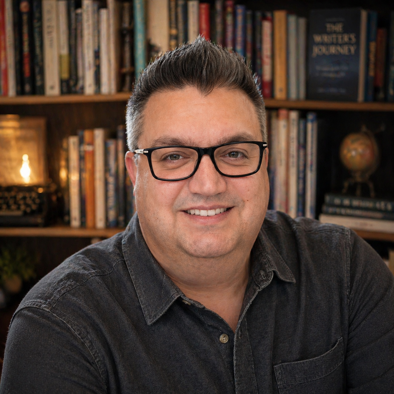 A man with glasses and dark hair smiling at the camera in front of a bookshelf filled with books.