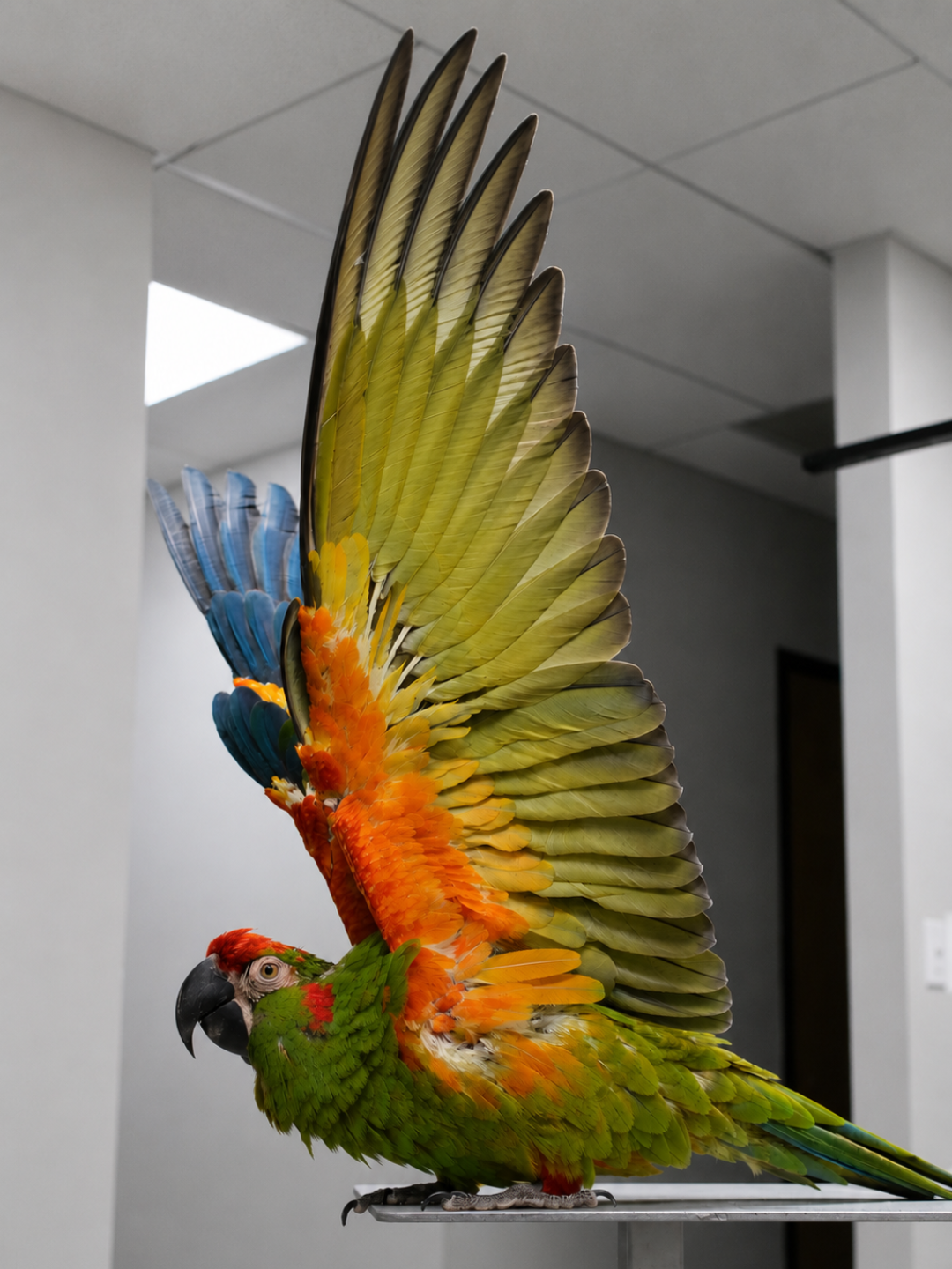 A colorful macaw parrot displaying its vibrant green, orange, blue, and yellow feathers with wings fully spread.