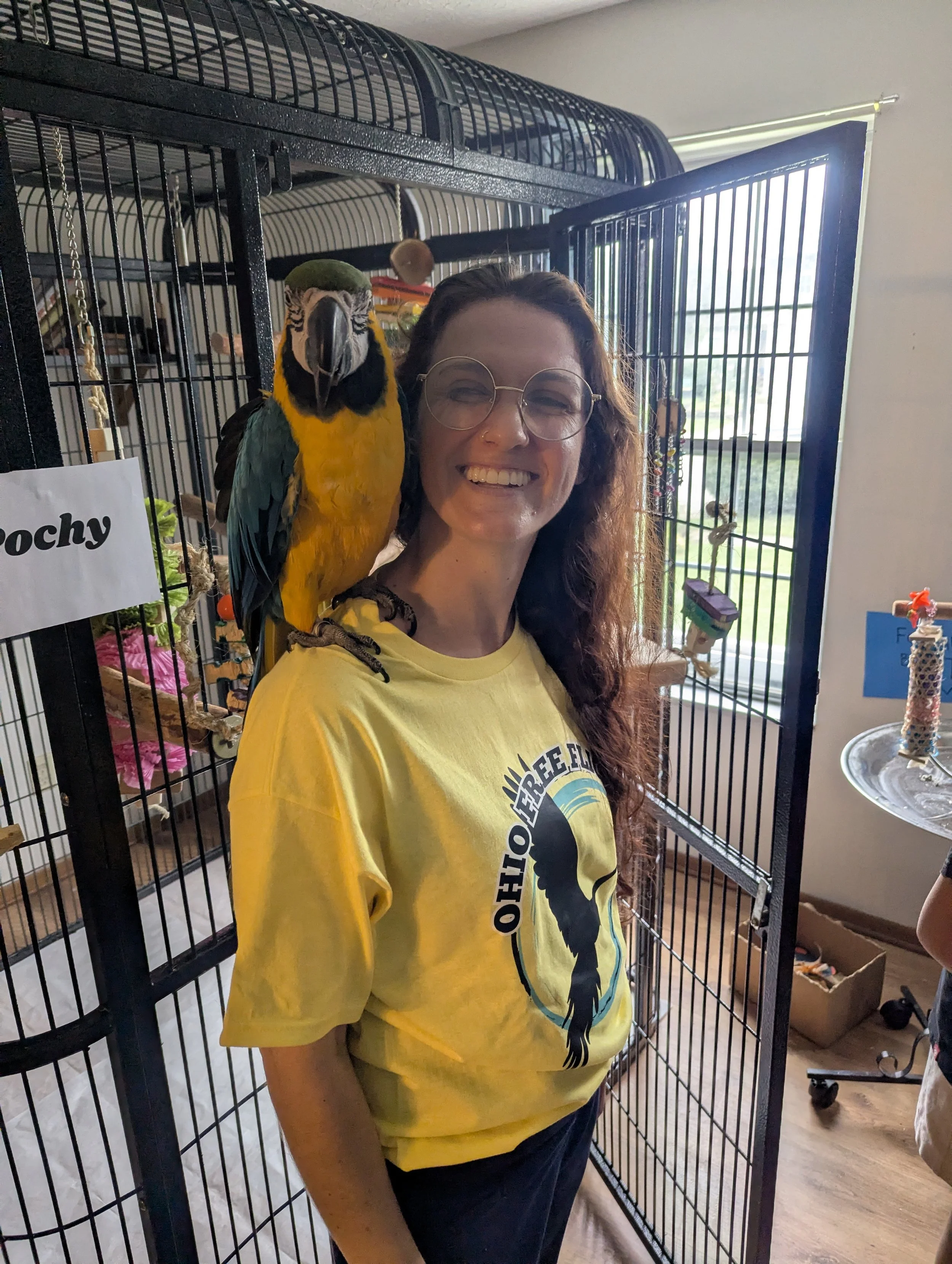 A woman with curly brown hair and glasses standing next to a colorful parrot inside a cage. The woman is smiling and wearing a yellow T-shirt.