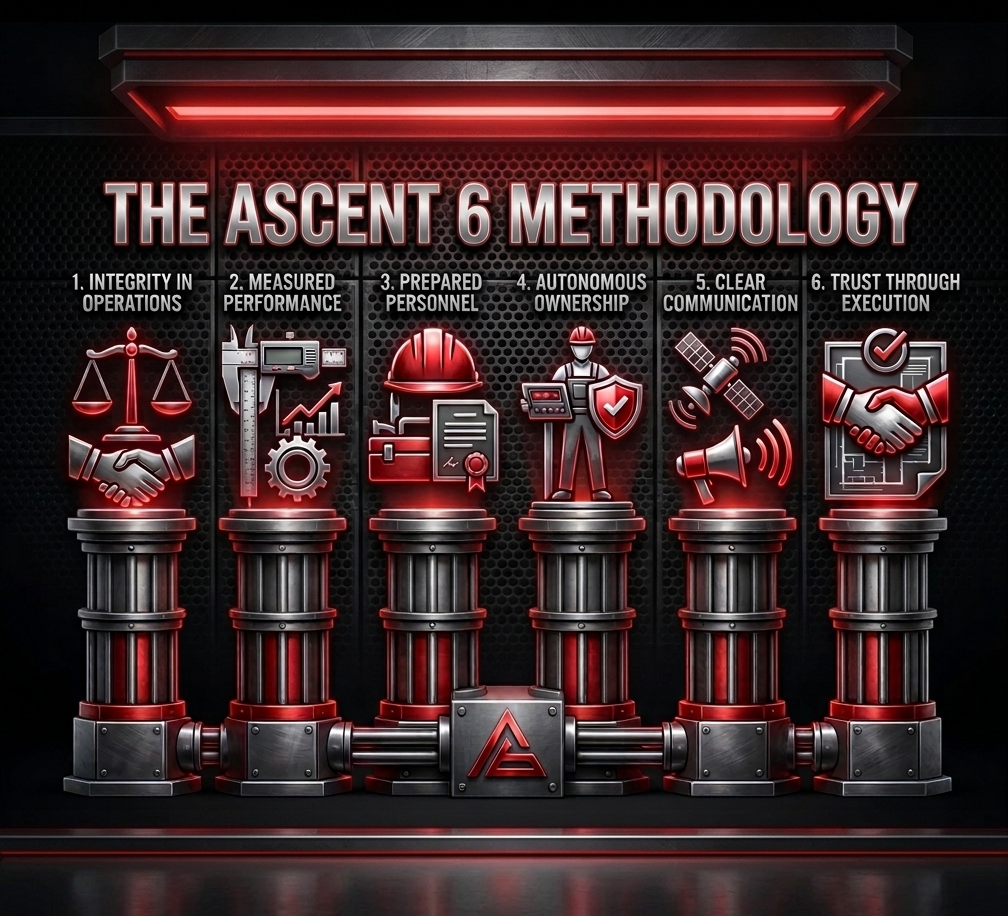 A graphic titled 'The Ascent 6 Methodology' with six steps represented by icons and columns: 1. Integrity in Operations with scale and handshake, 2. Measured Performance with a scale, measuring tape, and upward graph, 3. Prepared Personnel with a hard hat and documents, 4. Autonomous Ownership with a worker and shield, 5. Clear Communication with a satellite and megaphone, 6. Trust Through Execution with a handshake and checkmark.