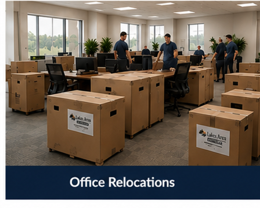 Office space with desks, chairs, and large boxes labeled 'Lula Aimes,' with several employees in casual attire preparing for office relocation.