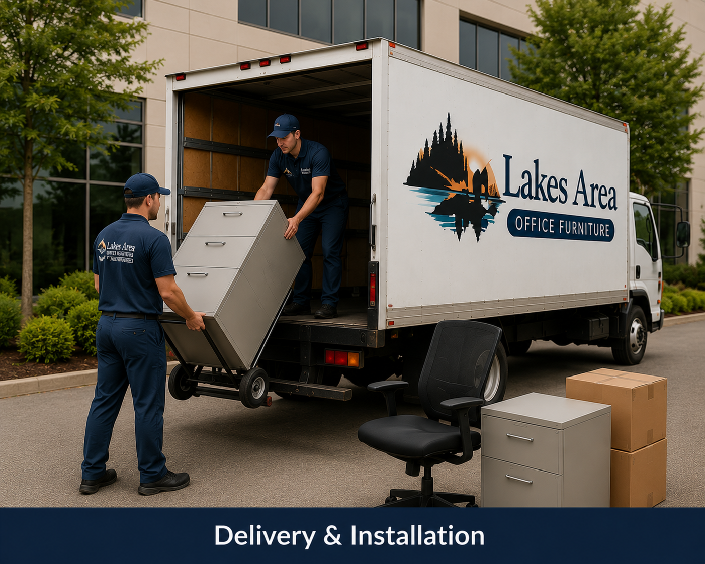 Two delivery workers unloading office furniture from a Lakes Area Office Furniture truck outside a modern building. One worker is standing on the truck while the other is on the ground.