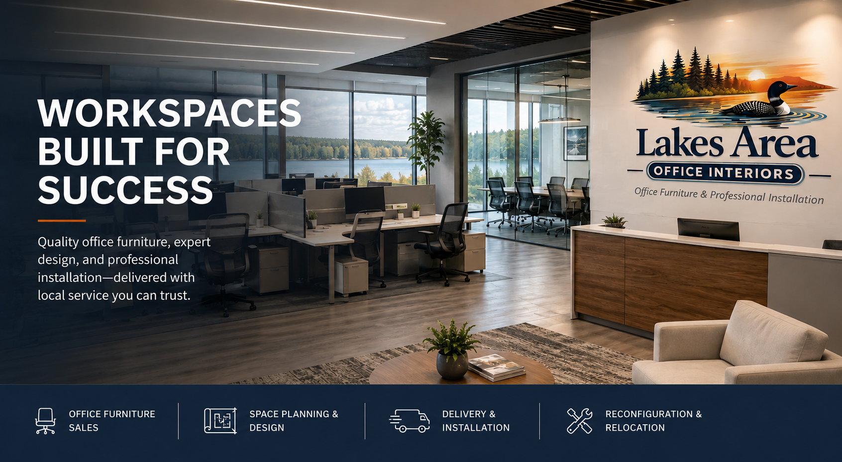 Modern office interior with large windows overlooking a lakeside view, featuring workspace cubicles, conference table, and a reception area. Signs show logo for Lakes Area Office Interiors, with services listed at the bottom for office furniture sales, space planning and design, delivery and installation, reconfiguration, and relocation.