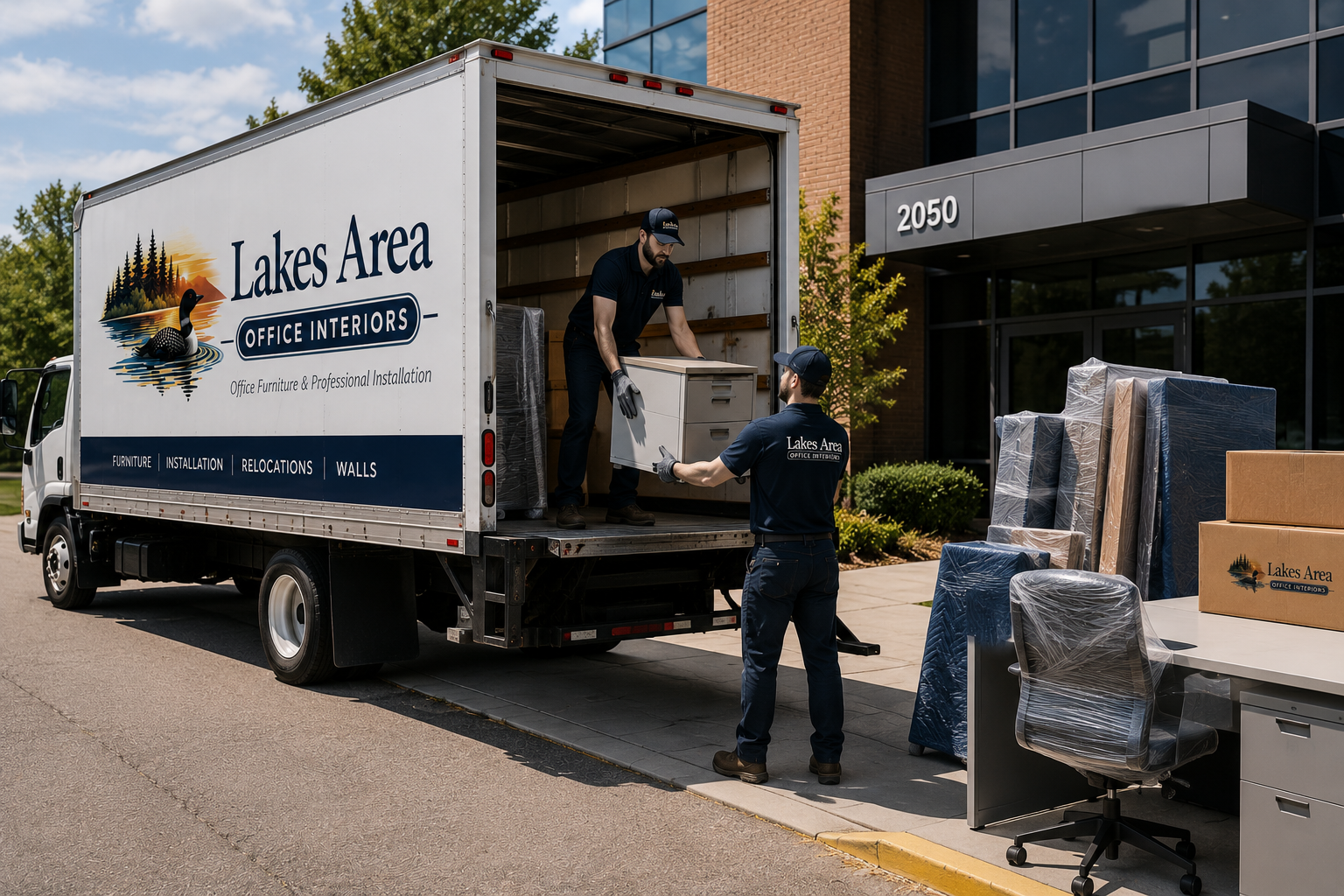Two workers unloading office furniture from a moving truck labeled 'Lakes Area Office Interiors' outside an office building at 2050. The truck has the company's logo with trees and a duck on a lake, and text listing services like furniture, installation, relocations, and walls. The workers are handing a filing cabinet to each other. There are wrapped office chairs and boxes on the sidewalk.