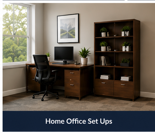Home office setup with a wooden desk, black ergonomic chair, computer monitor, potted plants, framed artwork, and a tall wooden bookshelf with plants and books, near a window.