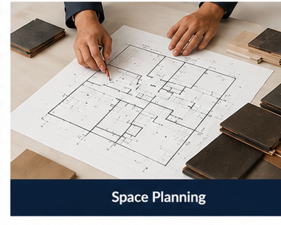Person analyzing architectural blueprints for space planning, surrounded by sample materials.