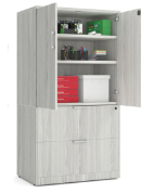 White storage cabinet with open doors showing shelves with binders and boxes.