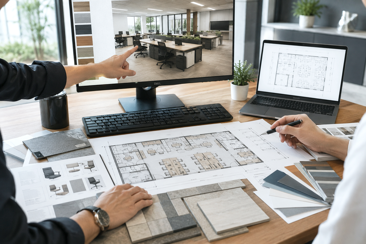 Two people working on an office interior design project at a desk, with architectural plans, fabric swatches, and color palettes, while referring to a computer monitor showing an interior space, and a laptop displaying a floor plan.