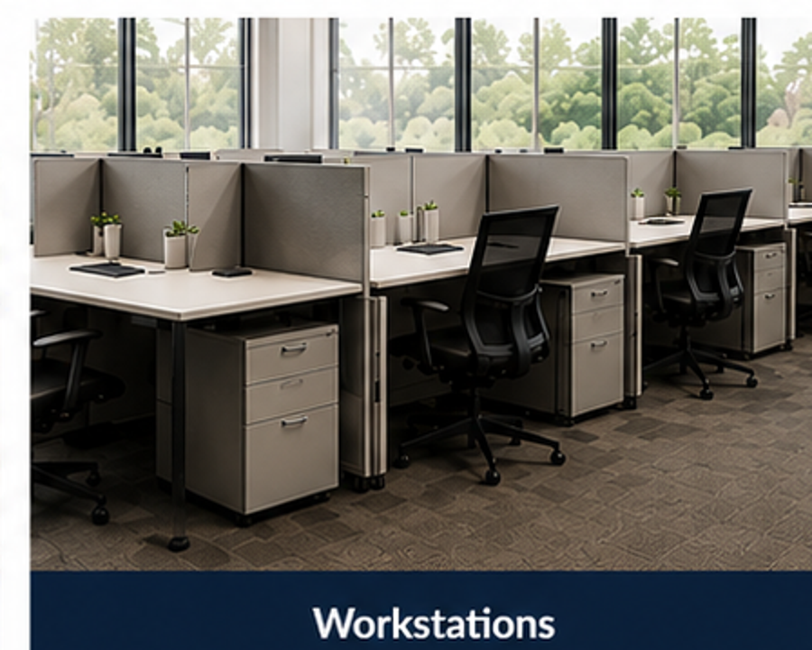 Empty office workstations with cubicles, office chairs, small potted plants, and window views of trees.
