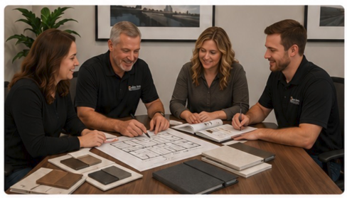Four people sitting at a table looking at architectural plans and blueprints, smiling and discussing.