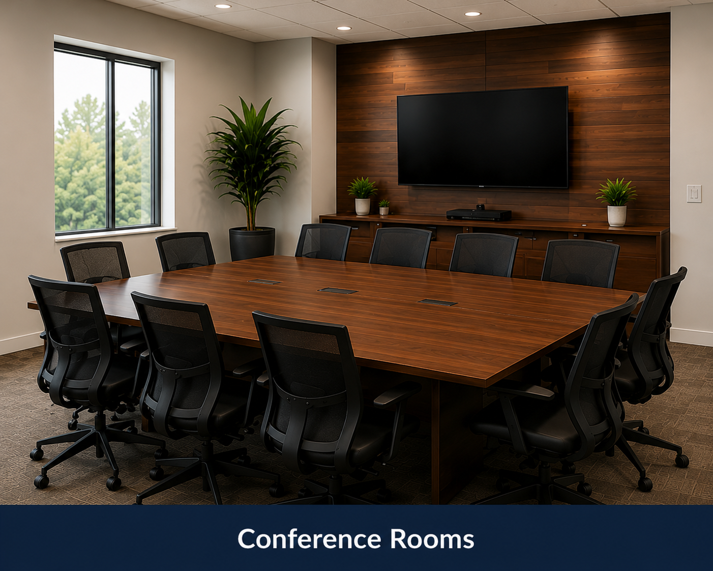 A modern conference room with a large wooden table, ten black ergonomic chairs, a window with a view of trees, green plants, a flat-screen TV and media equipment on a wooden wall.