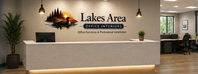 Office reception desk with Lakes Area Office Interiors logo, potted plant, and reception area in the background.