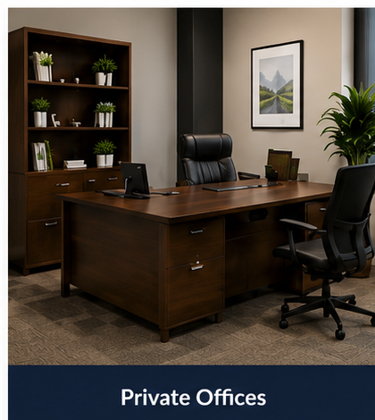An empty private office with a large wooden desk, black office chair, and a wooden bookshelf with potted plants and decorative items. There's a framed mountain landscape on the wall and a large green plant near the window.