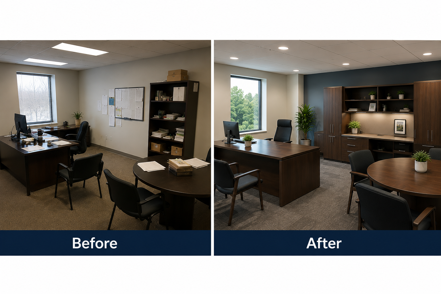 Comparison of an office before and after renovation. The "Before" side shows a cluttered office with a disorganized desk, papers, and a wall with notices. The "After" side displays a modern, tidy office with a clean desk, decorative plants, and built-in cabinetry with decorative items, giving a professional appearance.