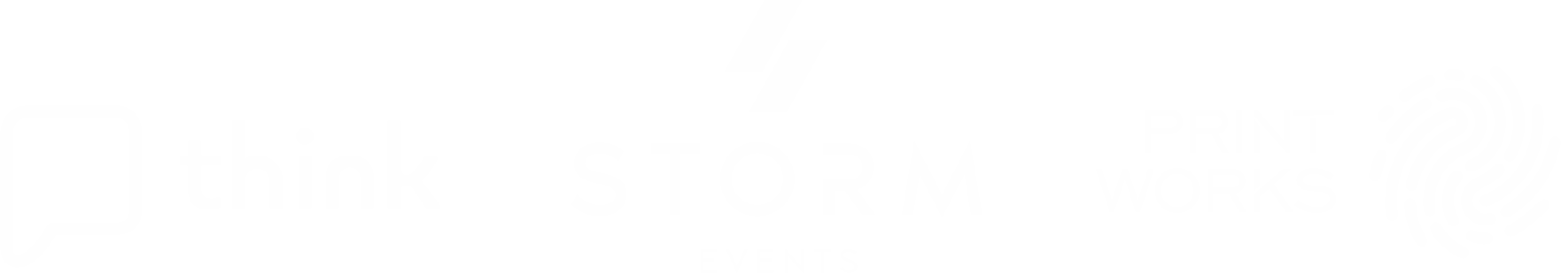A logo with a speech bubble icon, the words 'think STORM EVENTS PRINT WORKS' and a fingerprint graphic.