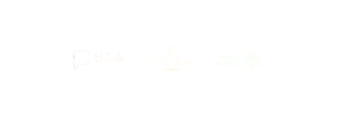 Logos of 'think,' 'STORM EVENTS,' and 'PRINT WORKS' on a black background.