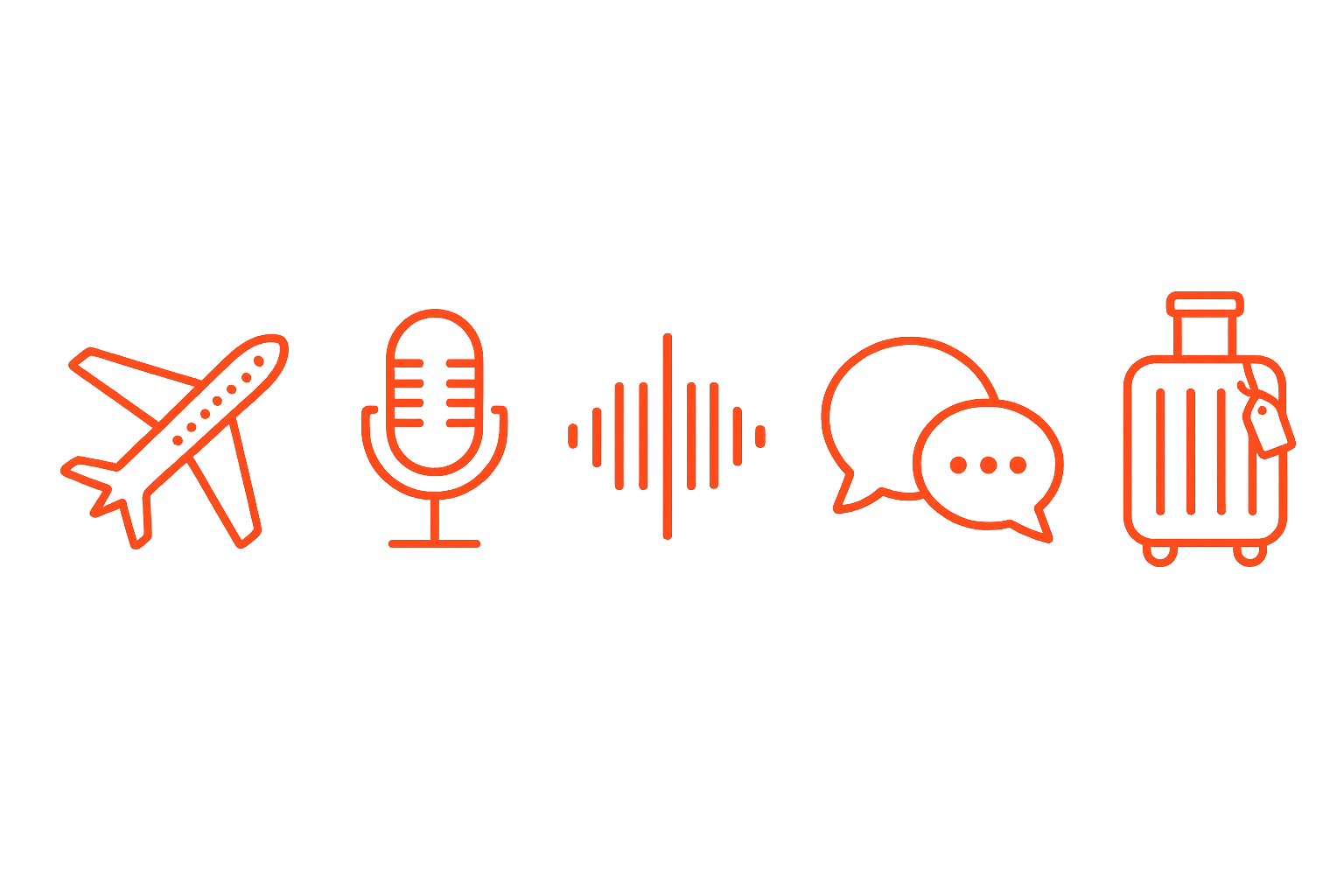 Icons representing travel and communication: an airplane, a microphone, a sound wave, speech bubbles, and a suitcase.