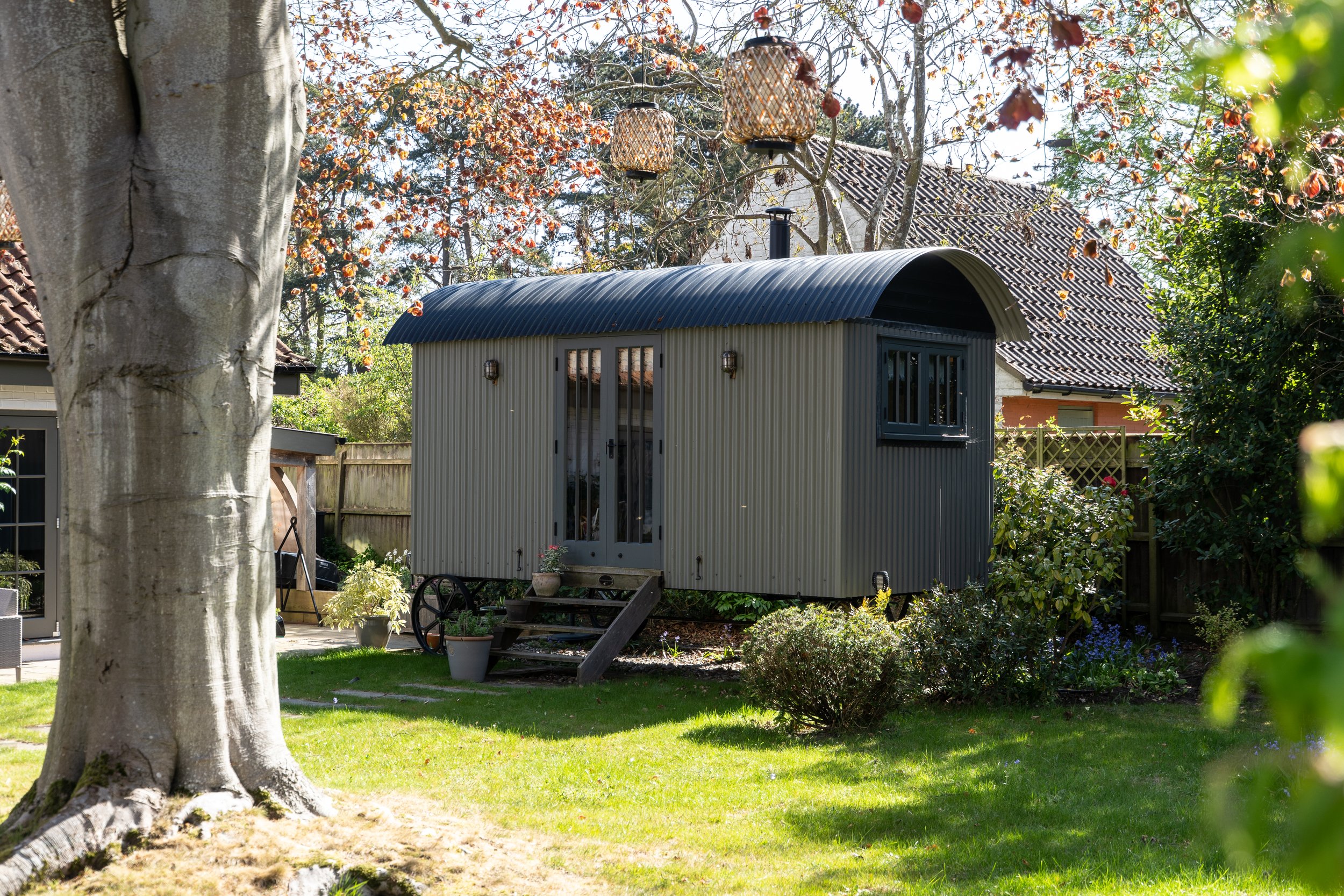 A backyard with a small gray shed that has a curved roof, surrounded by green grass, plants, and trees with some autumn leaves. There are decorative lanterns hanging from the trees and potted plants near the shed.