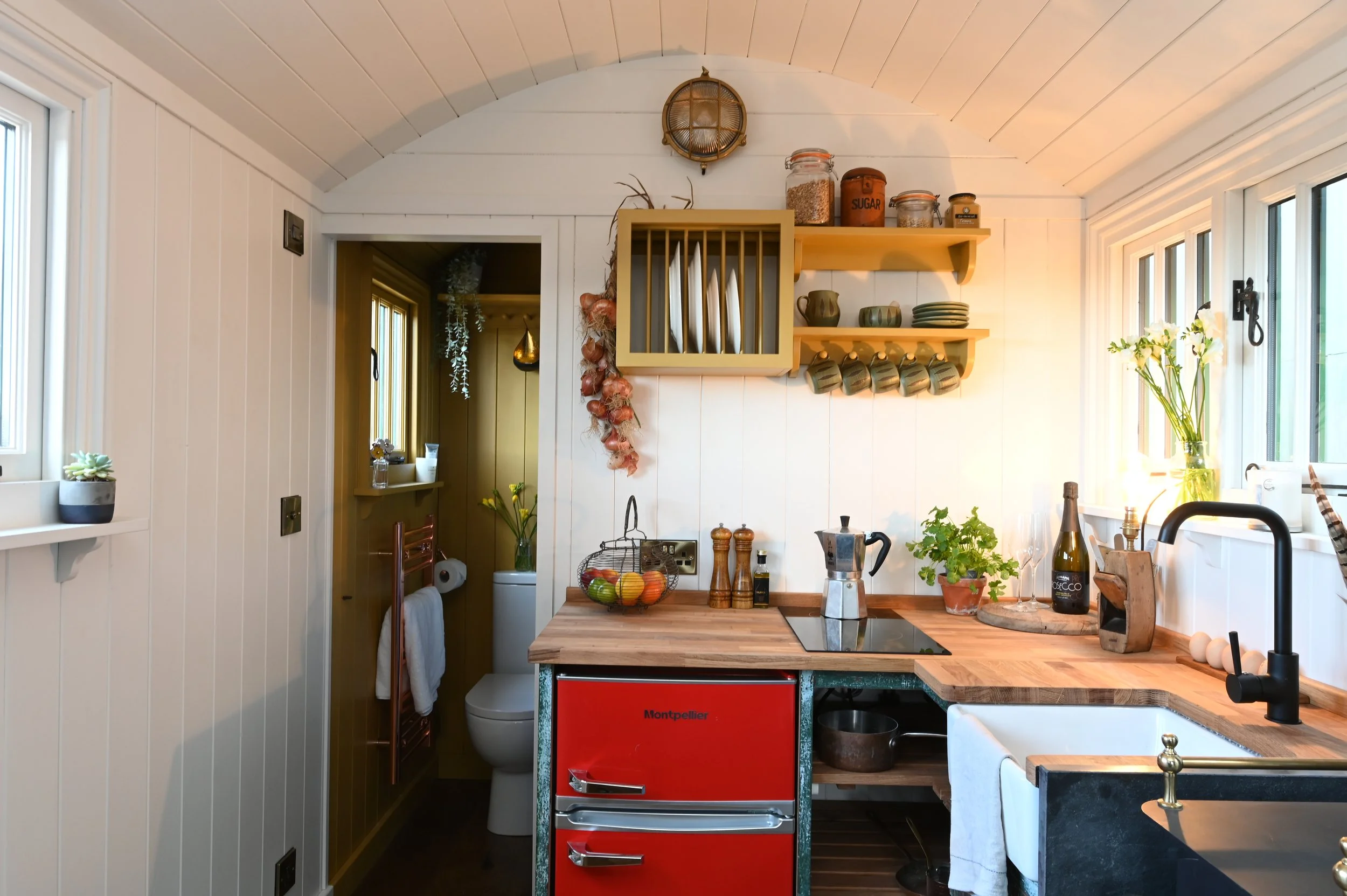 Kitchen interior with white paneled ceiling, windows, and a wooden countertop. Shelves hold dishes, jars, and decor. A small refrigerator with a red front is beneath the counter. Items include a fruit basket, potted plant, salt and pepper shakers, an