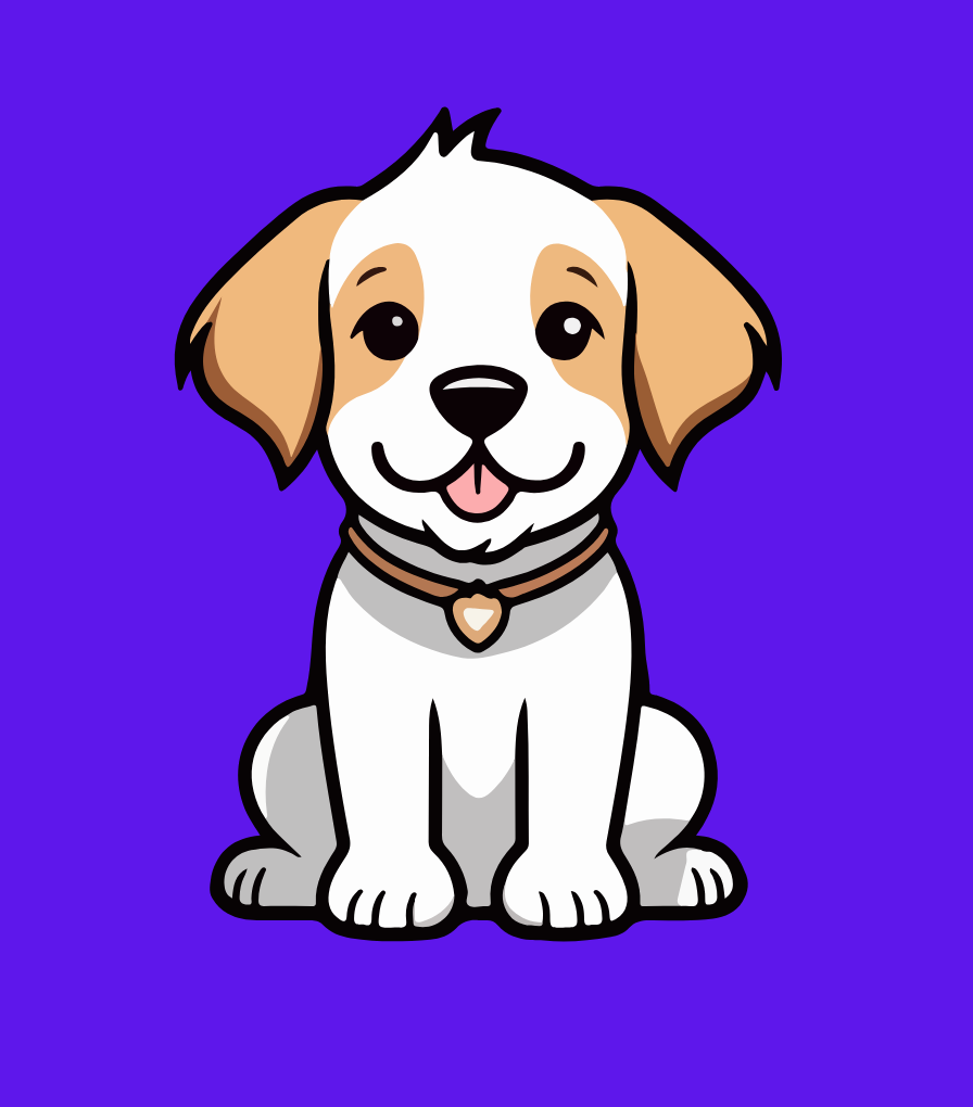 Cartoon illustration of a cute puppy sitting with a purple background.