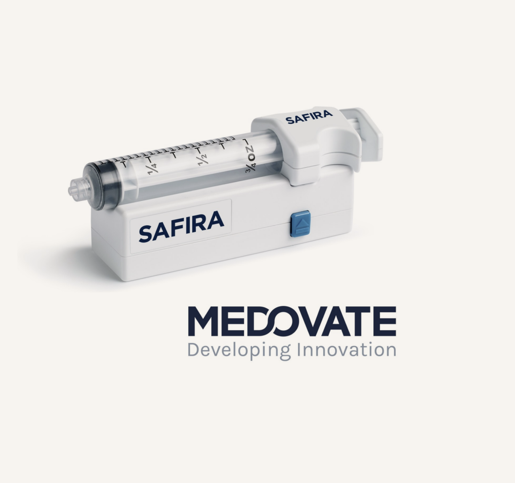 A medical device with a syringe-like appearance labeled 'SAFIRA' and 'MEDOVATE' promoting innovation.