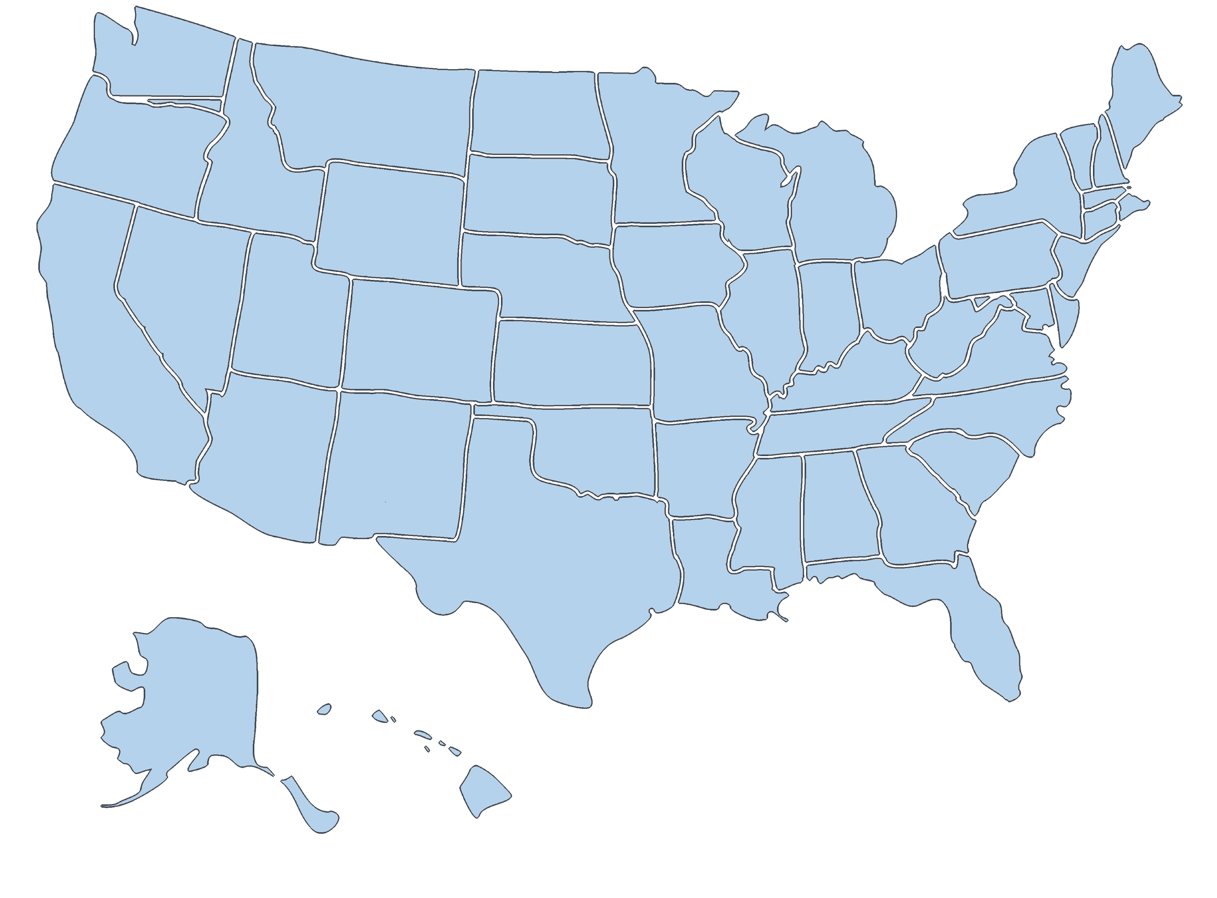 A map of the United States with all state borders outlined. The states are filled with a light blue color and the background is black.